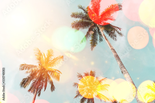 Tropical palm tree on blue sky with colorful bokeh light abstract background. Summer nature season and travel holiday concept.