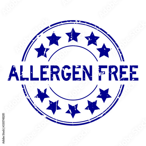 Grunge blue allergen free word round rubber seal stamp on white background