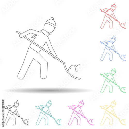 a man is cleaning the snow with a shovel multi color style icon. Simple thin line, outline vector of winter icons for ui and ux, website or mobile application