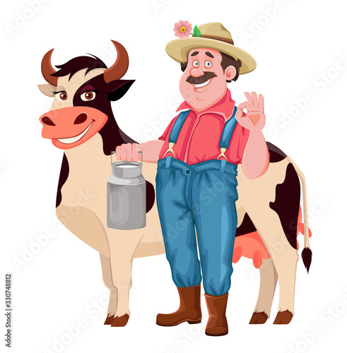 Cheerful farmer with cow and milk can