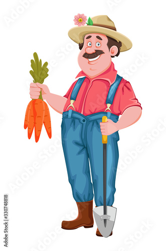 Cheerful farmer holding carrots and shovel
