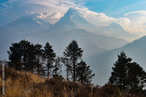 Vista lejana del pico Machapuchare en Nepal con árboles en primer plano