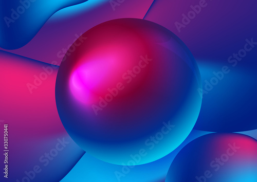 Abstract blue and purple liquid wavy shapes futuristic background with glossy sphere. Glowing retro vector design