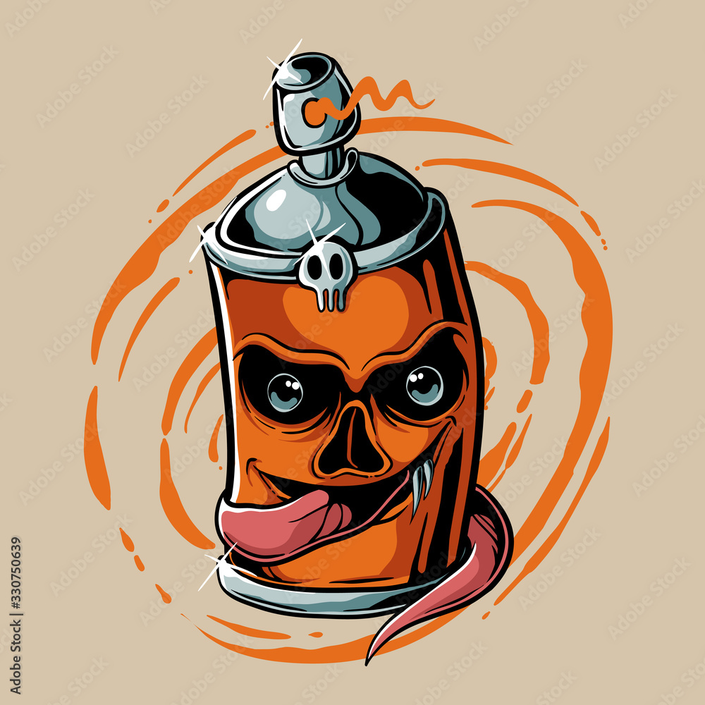 Monster spray can illustration. Cartoon skull spray paint. Street art