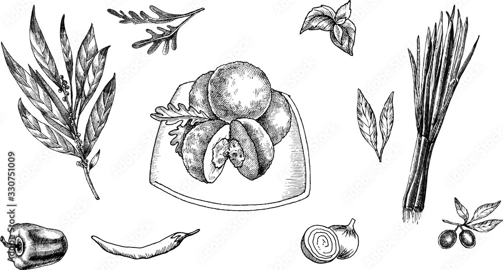 Fototapeta premium Hand drawn vector illustration of italian food.