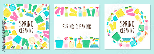 Cute set of spring cleaning utensils background in vivid eye catching colors