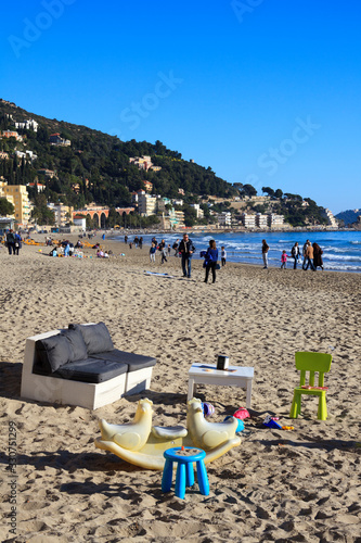 Alassio (SV), Italy - February 15, 2017: The Alassio beach, Riviera dei Fiori, Savona, Liguria, Italy.