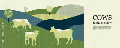 Horizontal agricultural background. Geometrical composition. Silhouettes of cows.