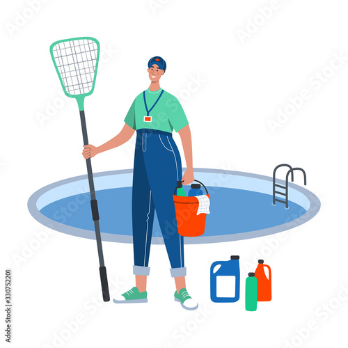 Pool maintenance worker with chemical cleaning products and tools. Flat vector illustration.