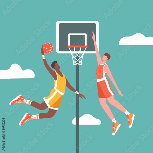 Two basketball players in action during the game. One athlete throws the ball into the basket. Flat vector illustration.