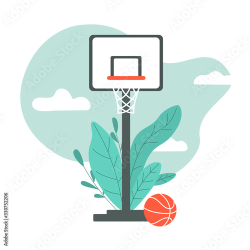 Basketball court with board and basket. Basketball. Vector flat illustration.