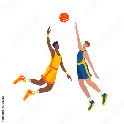 Two basketball players in action during the game. Flat vector illustration.