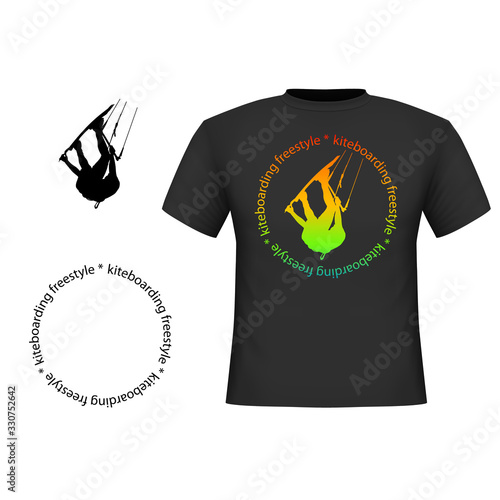 Trendy black cotton t-shirt with image of kiteboarding isolated on white background.