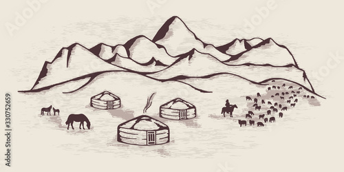 Sketch on the topic of life in Central Asia. Nomads life, yurts in the mountains, cattle graze.