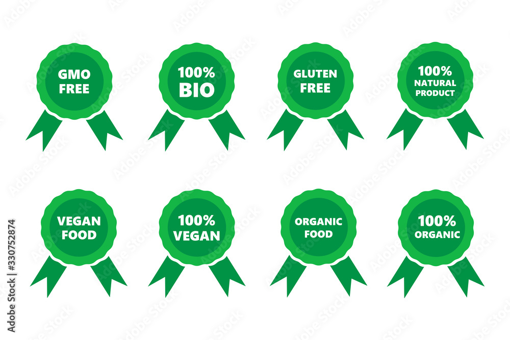 Set of vegan and organic food labels and badges. Natural product ...