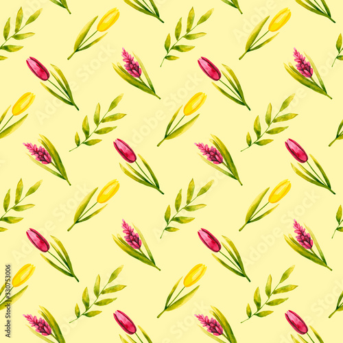 Floral seamless pattern. Hand drawn illustration is isolated on yellow. Painted watercolor spring flowers are perfect for greeting card, poster, wallpaper, fabric textile, wedding invitation