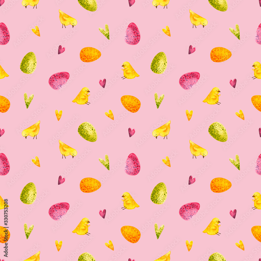 Easter seamless pattern. Hand drawn illustration is isolated on pink. Painted watercolor chick, eggs, hearts are perfect for greeting card, children's wallpaper, fabric textile, wrapping design Easter seamless pattern. Hand drawn illustration is isolated on pink. Painted watercolor chick, eggs, hearts are perfect for greeting card, children's wallpaper, fabric textile, wrapping design