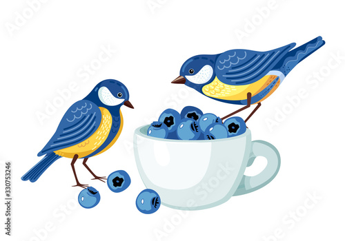 Two blue tits tasting blueberries. © Ksanask