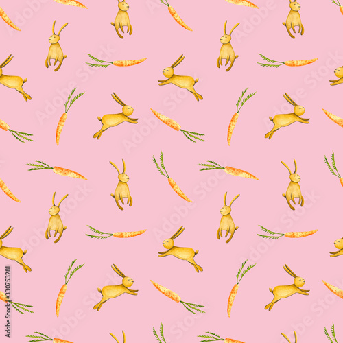Easter seamless pattern. Hand drawn illustration is isolated on pink. Painted watercolor hare and carrot are perfect for greeting card, children's wallpaper, fabric textile, wrapping design