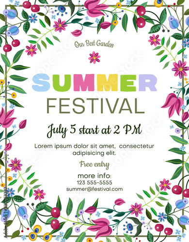 Summer festival poster template with fancy flowers and cherries in folk painting style.