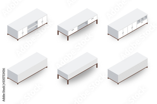 3d sideboard collection. Isometric wood sideboard item, object.