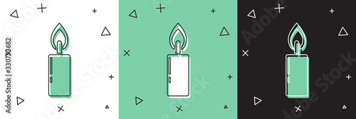 Set Burning candle icon isolated on white and green, black background. Cylindrical candle stick with burning flame. Vector Illustration