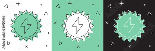 Set Solar energy panel icon isolated on white and green, black background. Sun with lightning symbol. Vector Illustration