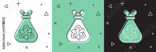 Set Garbage bag with recycle symbol icon isolated on white and green, black background. Trash can icon. Recycle basket sign. Vector Illustration
