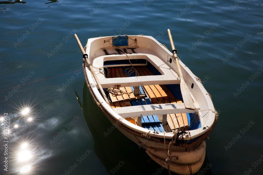Camogli (GE), Italy - June 01, 2017: Fisherman's boats in the fishing village of Camogli, Gulf of Paradise, Portofino National Park, Genova, Liguria, Italy
