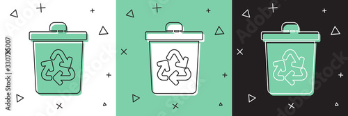 Set Recycle bin with recycle symbol icon isolated on white and green, black background. Trash can icon. Garbage bin sign. Recycle basket sign. Vector Illustration