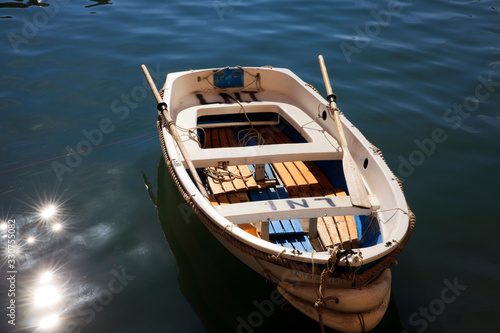 Camogli (GE), Italy - June 01, 2017: Fisherman's boats in the fishing village of Camogli, Gulf of Paradise, Portofino National Park, Genova, Liguria, Italy