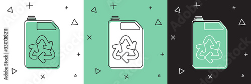 Set Eco fuel canister icon isolated on white and green, black background. Eco bio and barrel. Green environment and recycle. Vector Illustration