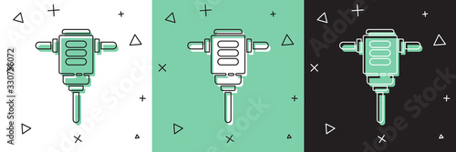 Set Electric rotary hammer drill machine icon isolated on white and green, black background. Working tool for construction, finishing, repair work. Vector Illustration