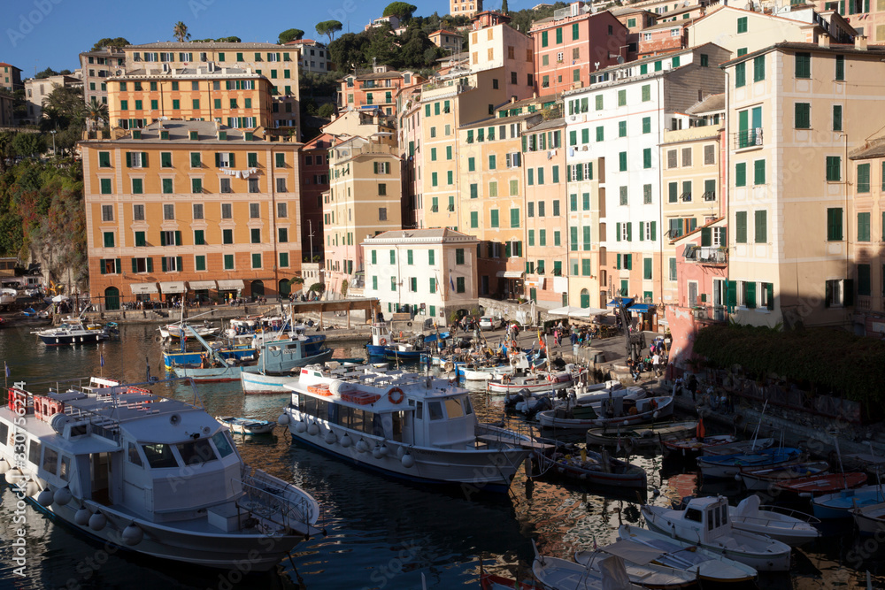 Camogli (GE), Italy - June 01, 2017: Camogli's harbour in the fishing village of Camogli, Gulf of Paradise, Portofino National Park, Genova, Liguria, Italy