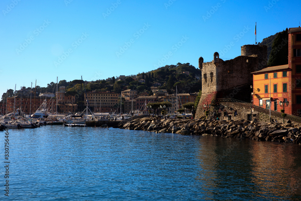 Santa Margherita Ligure (GE), Italy - June 01, 2017: Santa margherita Ligure village view from the harbour, Genova, Liguria, Italy