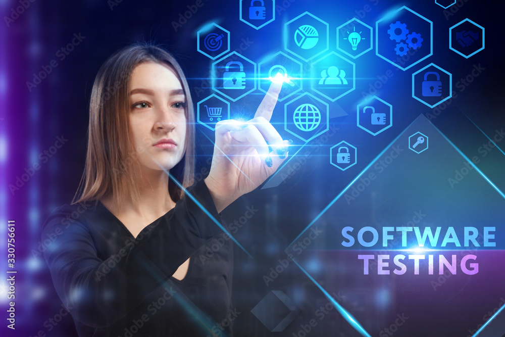 Business, Technology, Internet and network concept. Young businessman working on a virtual screen of the future and sees the inscription: Software testing Business, Technology, Internet and network concept. Young businessman working on a virtual screen of the future and sees the inscription: Software testing