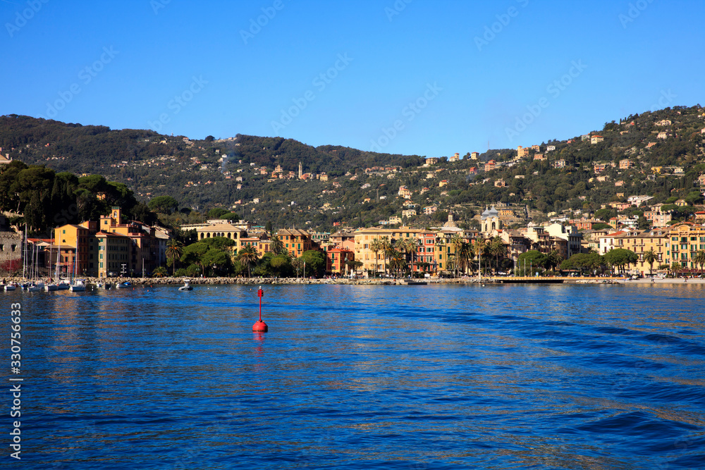 Santa Margherita Ligure (GE), Italy - June 01, 2017: Santa margherita Ligure village view from the boat sailing to Portofino, Genova, Liguria, Italy