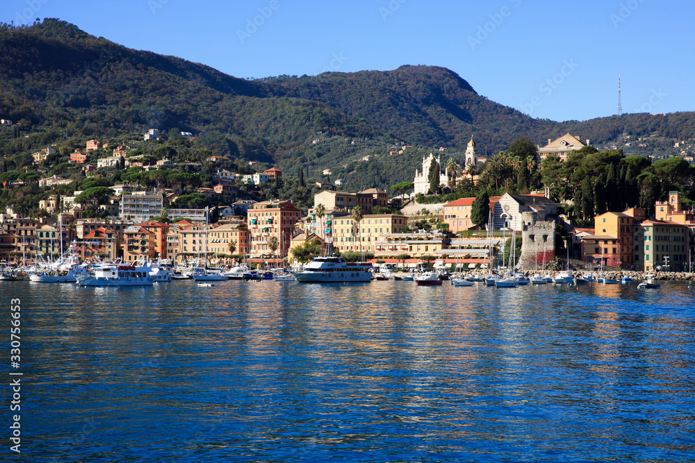 Santa Margherita Ligure (GE), Italy - June 01, 2017: Santa margherita Ligure village view from the boat sailing to Portofino, Genova, Liguria, Italy