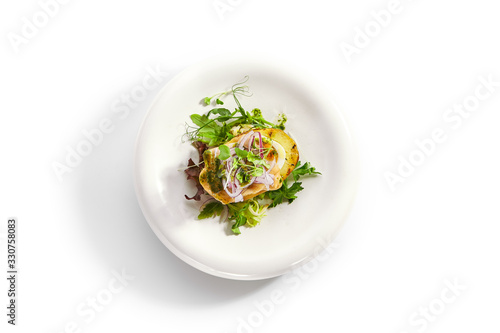 Baked potato with egg and pickled onion
