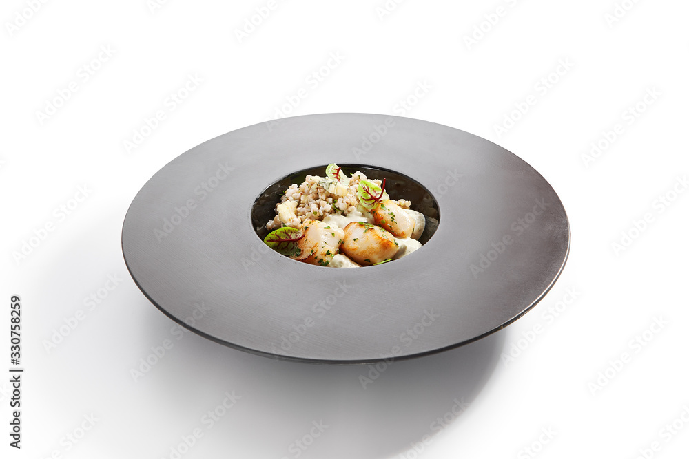 Scallop with green buckwheat side view Scallop with green buckwheat side view