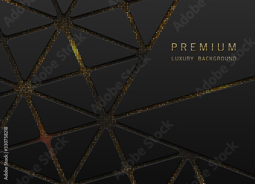 Vector abstract black layered background with golden sparks halftone effect and triangles shapes. Glitter dotted sparkles shine texture. Dark laminate material luxury geometric wallpaper