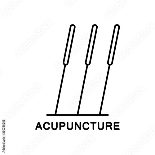 Acupuncture icon. Row of three stuck needles. Black line art illustration of alternative medicine, treatment, reflexology. Contour isolated vector emblem on white background