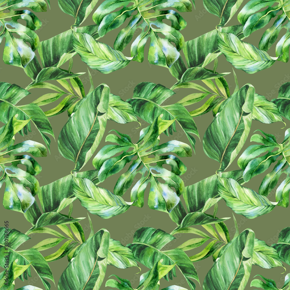 Watercolor seamless pattern, tropical leaves, watercolor painting, botanical illustration, floral design, banana palms, strelitzia, monstera. Fabric wallpaper print texture.