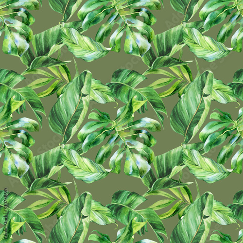 Watercolor seamless pattern  tropical leaves  watercolor painting  botanical illustration  floral design  banana palms  strelitzia  monstera. Fabric wallpaper print texture.