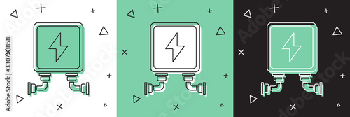 Set Electric transformer icon isolated on white and green, black background. Vector Illustration