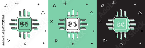 Set Computer processor with microcircuits CPU icon isolated on white and green, black background. Chip or cpu with circuit board. Micro processor. Vector Illustration
