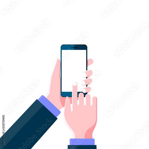 Close up flat design hand holding smartphone with blank screen on isolated white background. vector illustration.