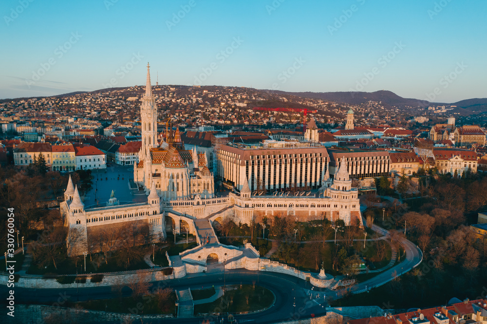 Budapest, Hungary - Aerial panoramic  view with Fishermain Bastion and Mathias Church
