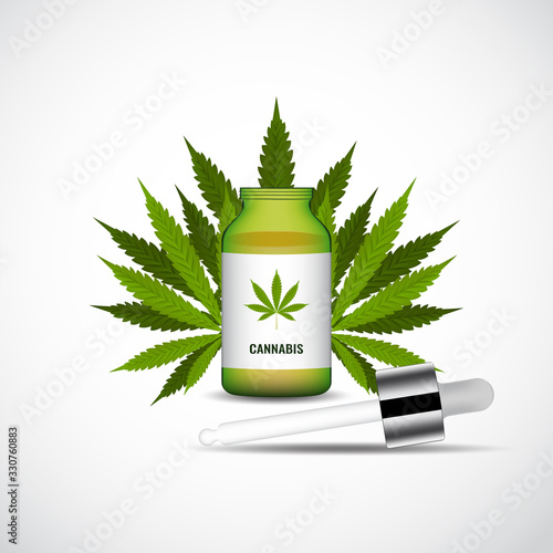 Marijuana or Cannabis oil with dropper glass bottle for medical. Serum package mockup. Ready to apply to your design. Vector illustration.