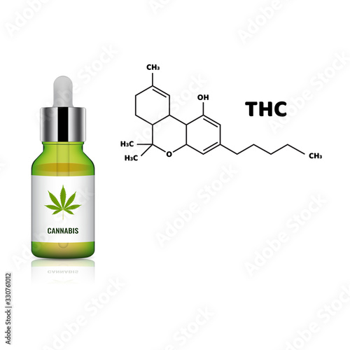 Marijuana or Cannabis with formula molecules THC. For medical. Serum package mockup. Ready to apply to your design. Vector illustration.